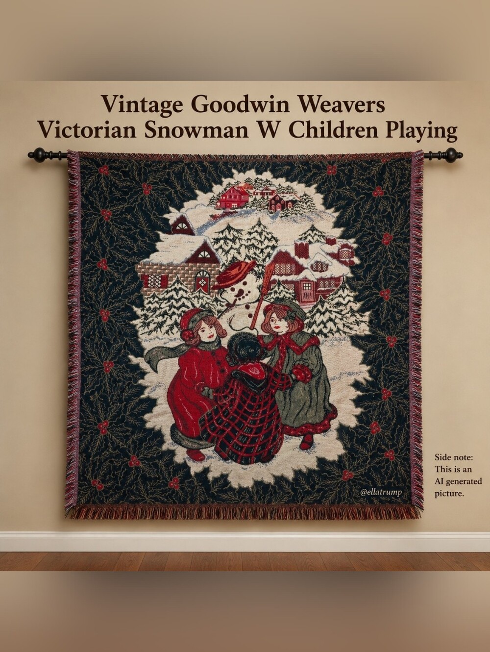 Vintage Goodwin Weavers Victorian Snowman W Children Playing Throw